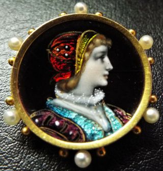 Antique French Victorian Limoges Enamel Portrait Miniature Gold Pearl Brooch Box