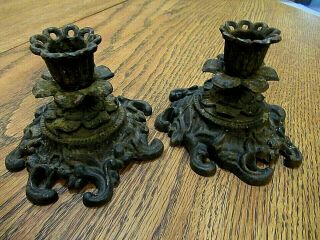 Set Of 2 Early Antique Black Cast Iron Flower Candle Holders Gothic Rustic