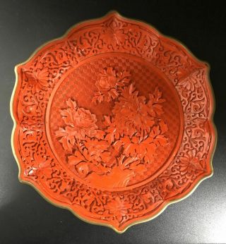 Chinese Hand Carved Red Lacquer Cinnabar Hexagon Plate 19th Century（六角剔红盘）