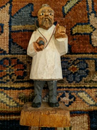Vintage Hand Carved Wooden Old Man Dr With Stethoscope Figurine Statue