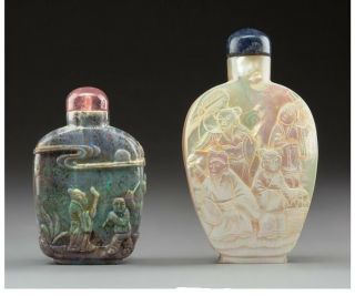 S029 Chinese Carved Opal Snuff Bottle And A Carved Mother - Of - Pearl Snuff Bottle