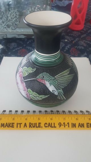 Vintage Paul Lansing / Navajo Pueblo Carved Pottery Vase Hummingbird