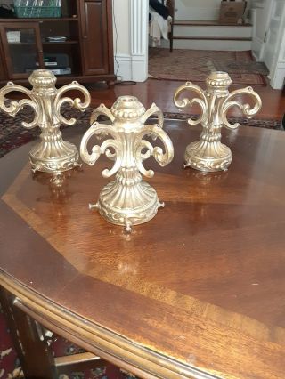 Three Vintage Brass Hollywood Regency Lamp Parts With Crystal Holes 7 Inch