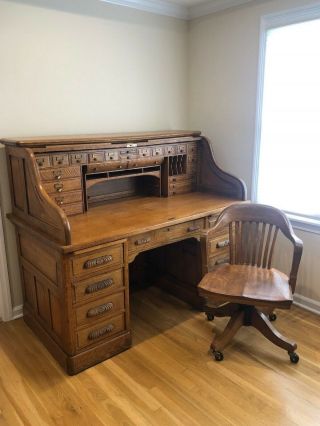 Antique S Curve Oak Wood Rolltop Desk Circa 1900 With Desk Chair