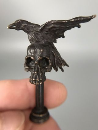 Vintage Pipe Tamper Death Head Skull & Raven/crow Bird Bronze Sculpture