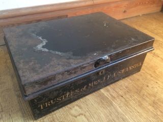 Antique Vintage Trustees Of Mrs J.  F.  A.  Swanston Metal Deed Title Bank Money Box