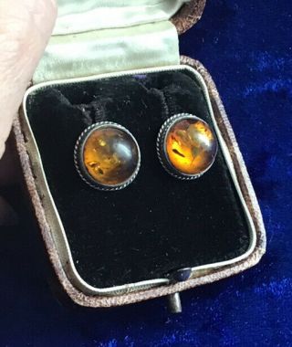 Glowing Vintage Solid Silver & Real Amber Set Stud Earrings