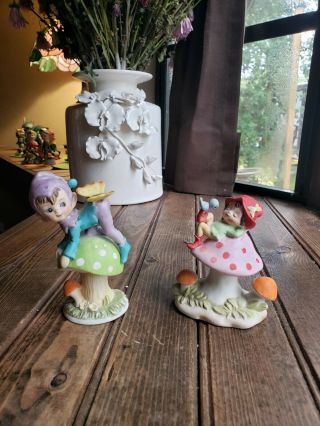 2 Vintage Lefton Napco Japan Ceramic Elf On Mushroom Figurines Bird & Butterfly