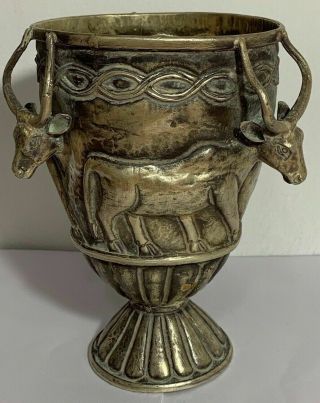 Unique Ancient Greek Solid Silver Cup With Bulge Bulls Decorated 301,  7gr 160,  1mm