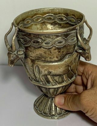 UNIQUE ANCIENT GREEK SOLID SILVER CUP WITH BULGE BULLS DECORATED 301,  7gr 160,  1mm 2