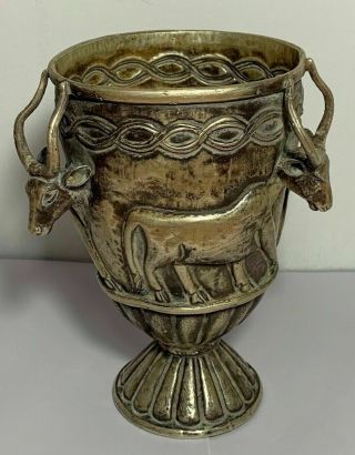 UNIQUE ANCIENT GREEK SOLID SILVER CUP WITH BULGE BULLS DECORATED 301,  7gr 160,  1mm 3