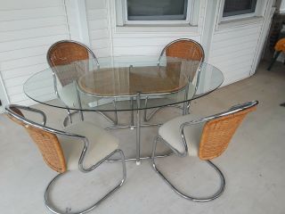 Daystrom Mid Century Oval Chrome Glass & Wicker Dining Table 4 Chairs