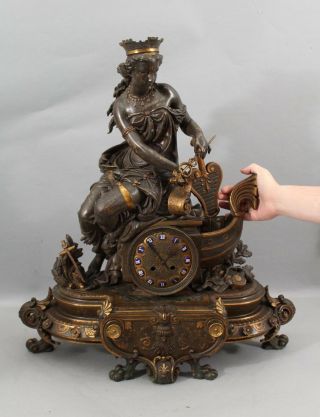 Antique Phillippe Mourey French Bronze Sculpture Mantle Clock European Symbolism