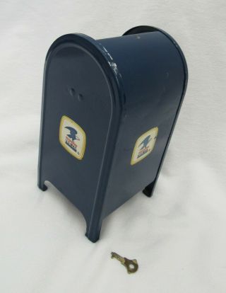 Vintage Us Post Office Blue 7.  25 " Metal Mail Box Bank Usps Mailbox & Key