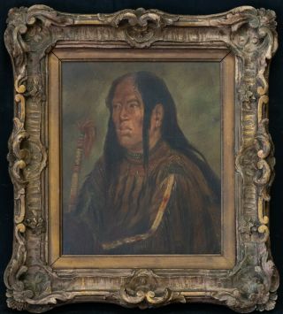 " Antique 19th Century Indian Oil Painting  Portrait Of Native American "