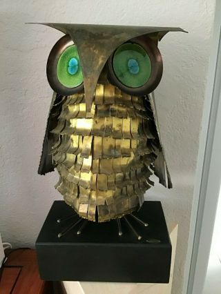 Large Vintage Curtis Jere Brass Owl Sculpture Ceramic Eyes 1969
