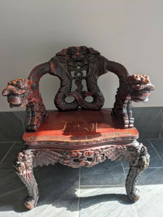 Antique Dragon Chair Hand Carved From Mahogany Wood