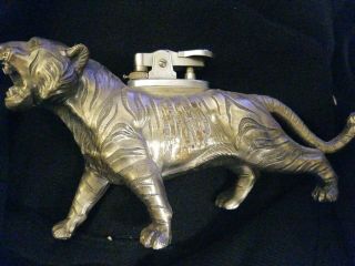 Vtg Antique Cast Metal Old Table Lighter Holder Tiger Safari Big Cat Home Decor