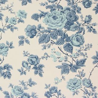 1960s Vintage Wallpaper Blue Roses On White