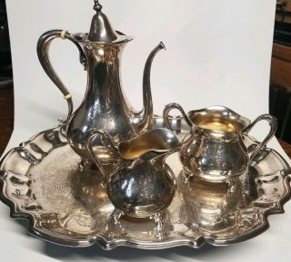 International Sterling Silver Tea/coffee Pot Set With Ep Tray Bone Or Ivory Trim