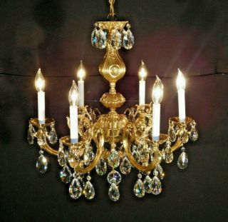 Antique French 6 Arm 6 Lite Rococo Brass Cut Lead Crystal Chandelier (2 Avail)