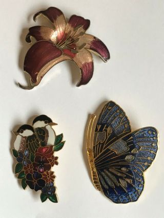 3 Stunning Cloisoinne Enamel Brooches 2 Signed Fish And Crown Vintage