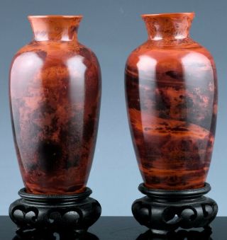 Rare Pair 18/19thc Chinese Qing Dynasty Wheel Carved Realgar Glass Vases Stands
