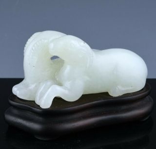 18/19c Chinese Carved Pure White Jade Double Rams Figure Pendant W Stand