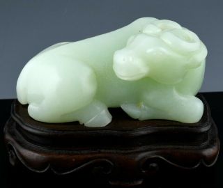 Fine Chinese Carved Light Celadon Jade Recumbent Water Buffalo Figure W Stand