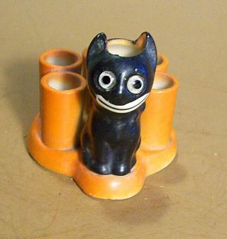 German Porcelain Black Cat,  Orange Base,  Cigarette,  Match Holder,  Strike