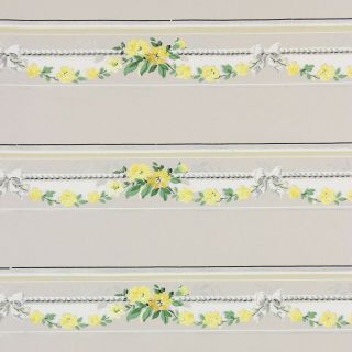 1940s Vintage Wallpaper Border Yellow Flowers White Bows On Gray