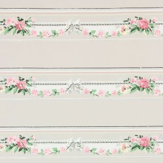 1940s Vintage Wallpaper Border Pink Yellow Flowers White Bows On Gray