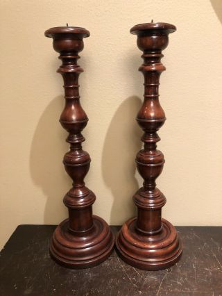Heavy Tall Wood Turned Candlesticks Candle Holders 17” Inches Tall