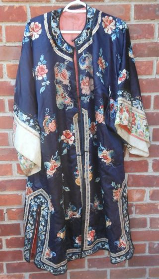 Antique Chinese Embroidered Robe W Fruit,  Flowers,  Butterflies,  Forbidden Knot