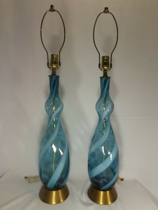Mid - Century Murano Glass Italian Swirl Ribbon Hand Blown Blue Pair Table Lamps