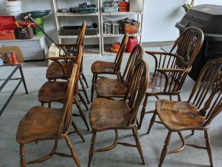 Set of 8 Antique Oak Windsor Dining Chairs Brace Back VINTAGE from Great Britain 2