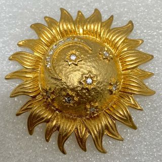 Vintage Celestial Brooch Pin Sun Pendant Moon Stars Rhinestone Costume Jewelry