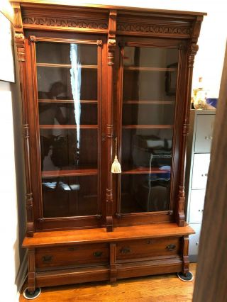 Antique Victorian Eastlake Two Door Bookcase With Two Drawers And Key