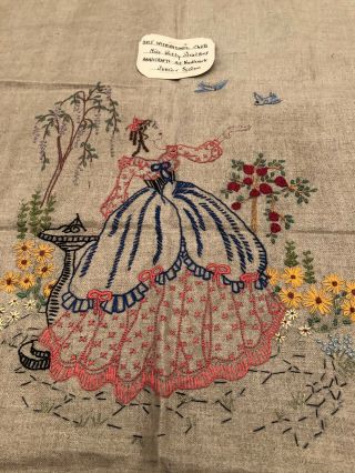 Vintage Hand Embroidered Panel On Linen Crinoline Lady In Garden