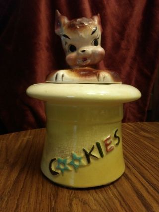 Vintage Yellow Cat In A Hat Cookie Jar