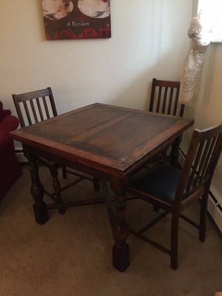 Antique Oak Drawleaf English Pub Table Including 4 Antique Oak Chairs