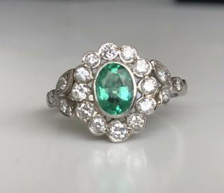 Gorgeous Antique Art Deco Platinum,  Emerald & Diamond Ring