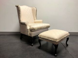 Queen Anne Style Wing Back Chair W Ottoman,  Neutral,  Fringe