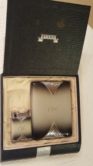 Vintage Evans Silver Black Cigarette Case Holder & Lighter & Box