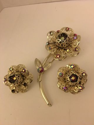 Vintage Sarah Coventry Set Pin And Earrings Aurora Boralis