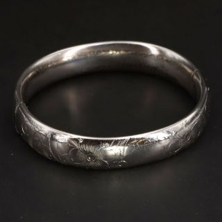 Vtg Sterling Silver - Signed Weh Etched Flower 7 " Hinge Bangle Bracelet - 25g