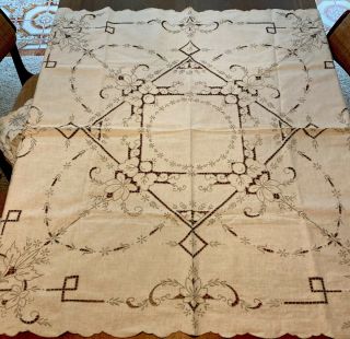 Vintage Linen Madeira Tablecloth W Cut Work,  Raised Embroidery Ecru 48” X 48”