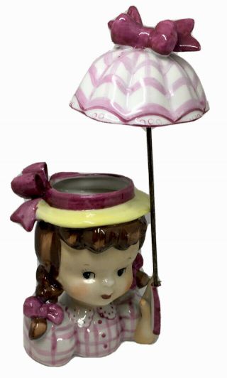 Vintage Napco Lady Head Vase Girl With Pigtails & Parasol Umbrella