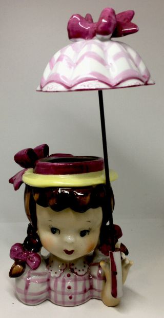 Vintage Napco Lady Head Vase Girl with Pigtails & Parasol Umbrella 2