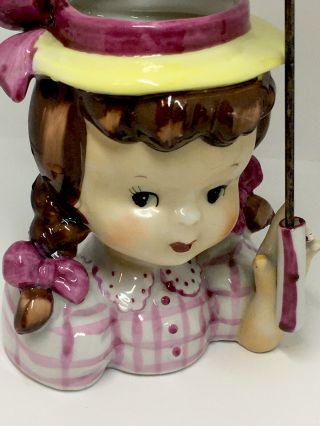 Vintage Napco Lady Head Vase Girl with Pigtails & Parasol Umbrella 3